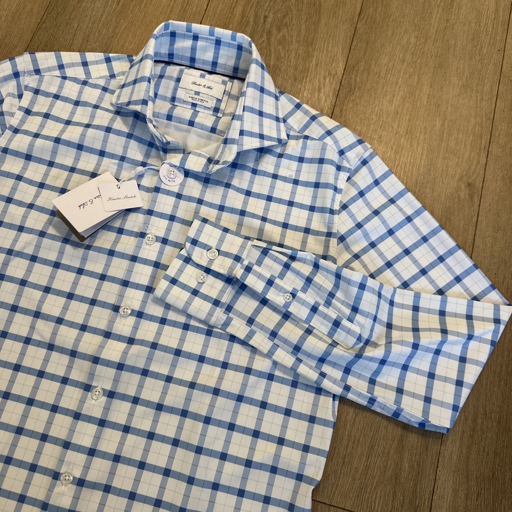 Porter & Ash Men's Kinetic Stretch Slim Fit White Check LS Button Shirt Small